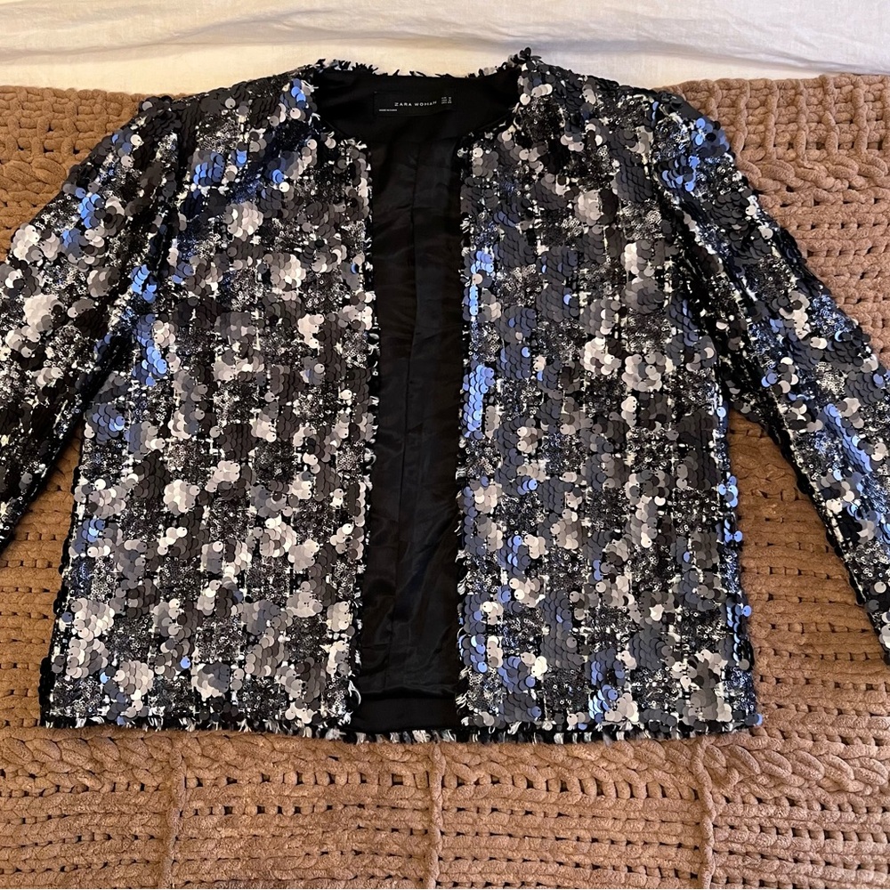 Zara Woman black charcoal gray silver Sequined tweed Trinny jacket Medium